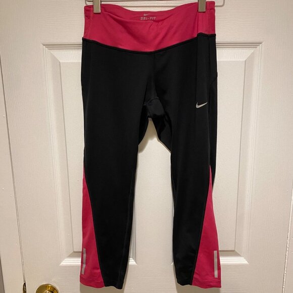 Nike Dri-Fit Red & Black Elastic Drawstring Waist Athletic Crop Leggings Size S - Picture 1 of 8